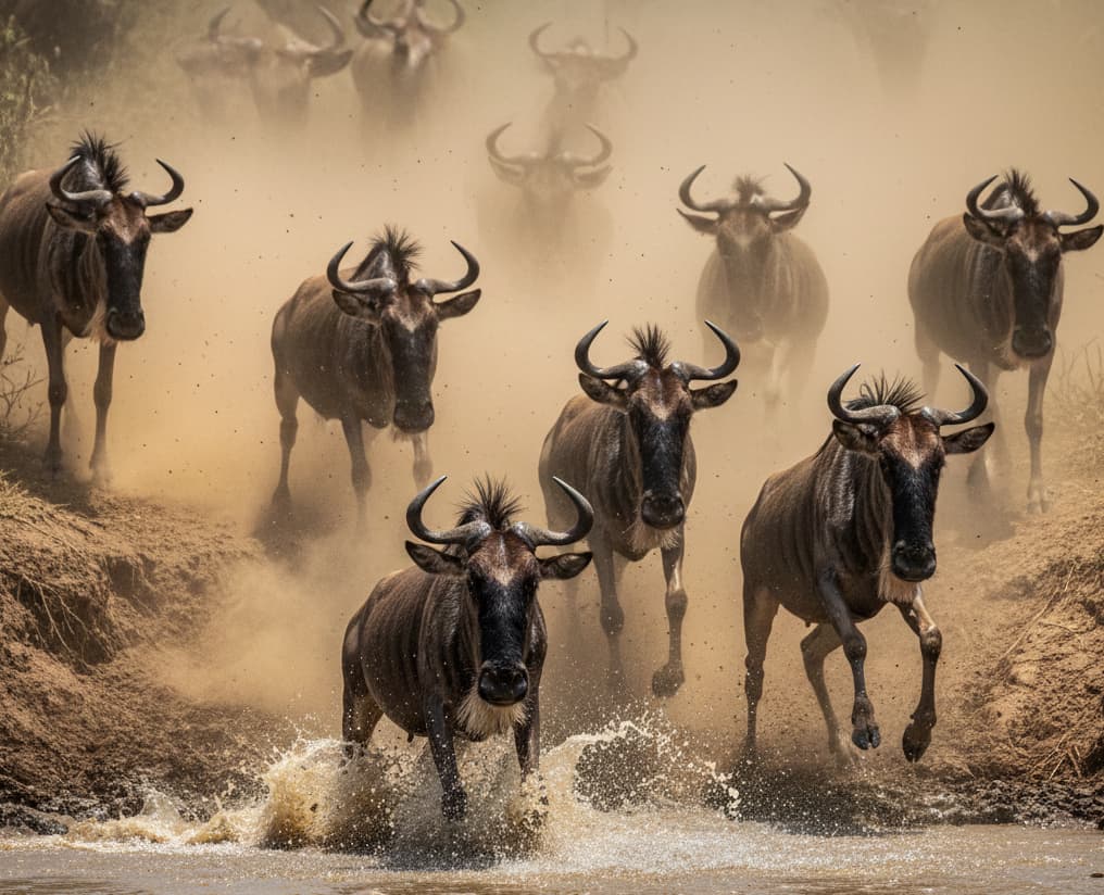 Dramatic action scene of the Great Migration at the Mara River, showing wildebeest crossing predator-filled waters—a must-see experience for travelers visiting Masai Mara between July and October.