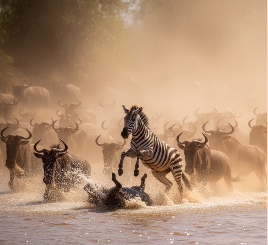 A dramatic migration of wildebeest during a Great Migration river crossing in the Masai Mara, witnessed by tourists on a Kenya safari.