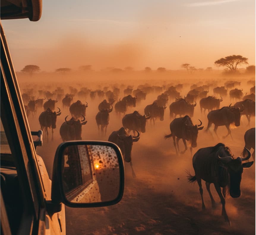 The Great Wildebeest Migration in the Masai Mara, capturing the dramatic movement and dust of the herds across the Kenyan savannah during a sunset game drive.