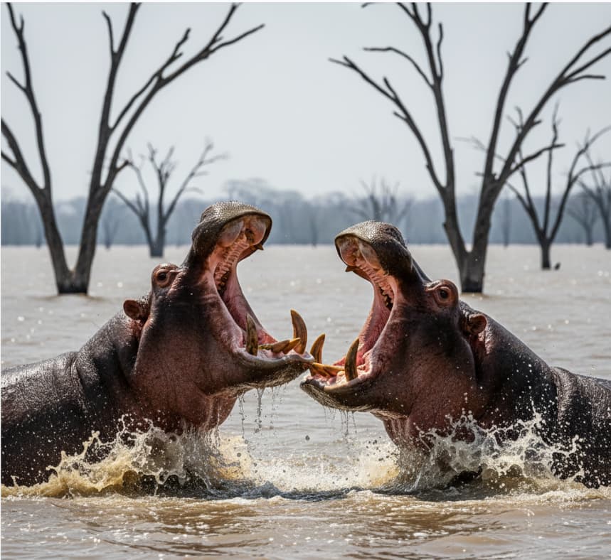 A territorial hippo battle in the waters of Lake Naivasha, illustrating the raw and often aggressive nature of Africa's aquatic giants.