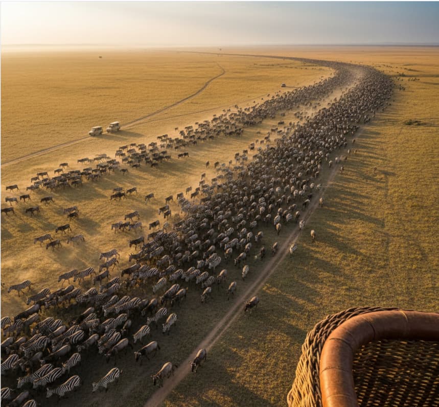 An aerial view of the Great Wildebeest Migration from a hot air balloon over the Masai Mara, offering a breathtaking perspective of the Kenyan plains.