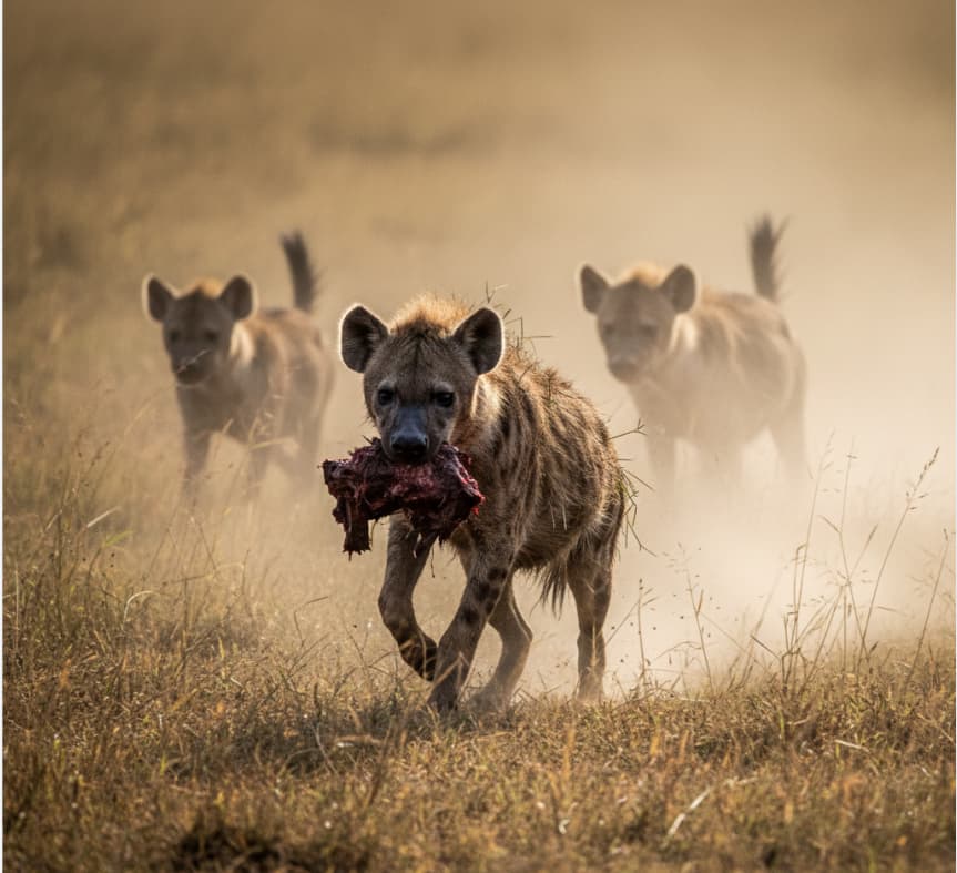 A spotted hyena with a kill in the Serengeti, illustrating the raw and competitive nature of Africa’s predator-heavy ecosystems during the Great Migration.