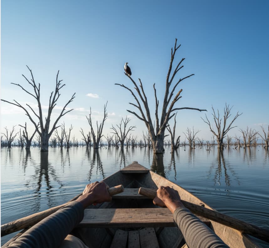 A serene boat safari on Lake Naivasha at dawn, offering a unique water-level view of African fish eagles and hippos in Kenya's Great Rift Valley.