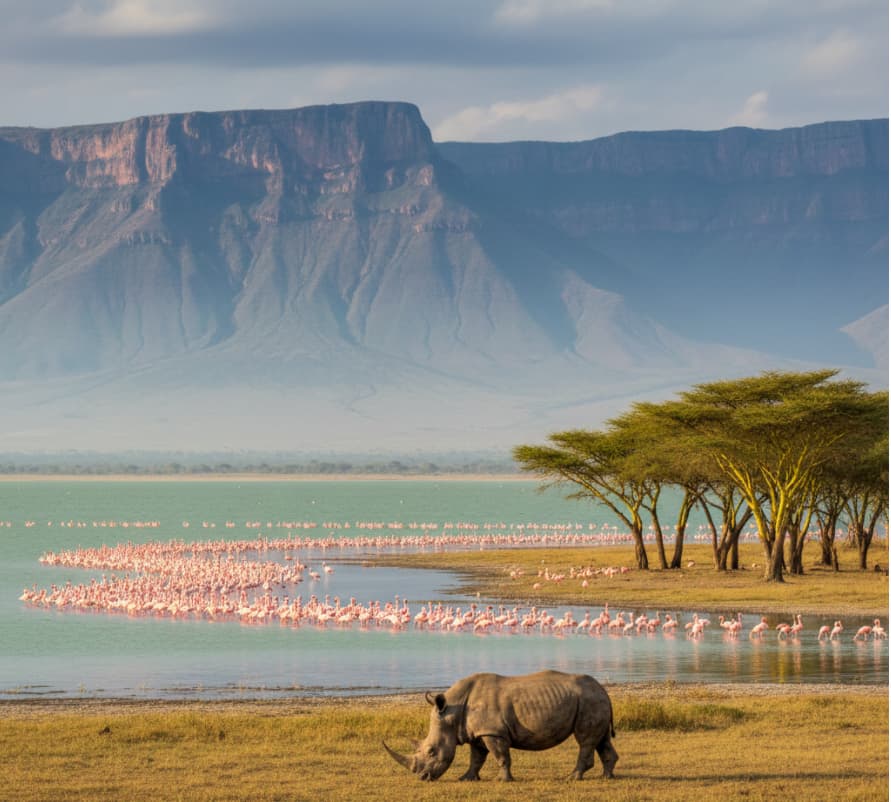 A high-end wildlife photography shot of Lake Nakuru's famous pink flamingo colony feeding near a white rhinoceros, illustrating the unique birdlife and rhino sanctuary of Kenya's Great Rift Valley.
