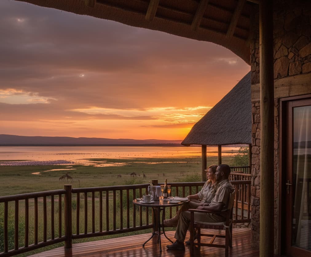 Romantic sunset view from a Lake Nakuru National Park lodge balcony, with guests enjoying the scenic wilderness and serene wildlife surroundings.