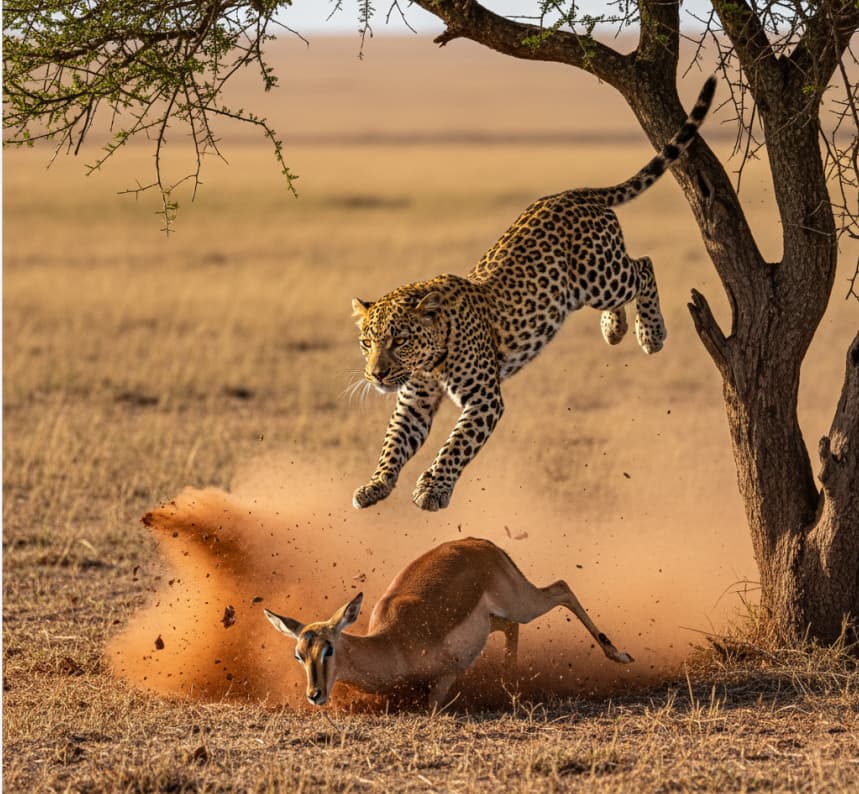 A leopard pouncing on prey in the Masai Mara National Reserve, showcasing the unscripted predator-prey dynamics of the Kenyan savannah.