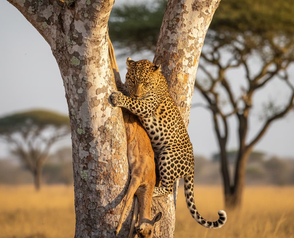 10 Days: Queen Elizabeth – Bwindi – Amboseli – Nakuru – Masai Mara Safari 1 A leopard dragging its prey into an acacia tree in Lake Nakuru National Park, a rare and sought-after sight for wildlife photographers and safari guests.