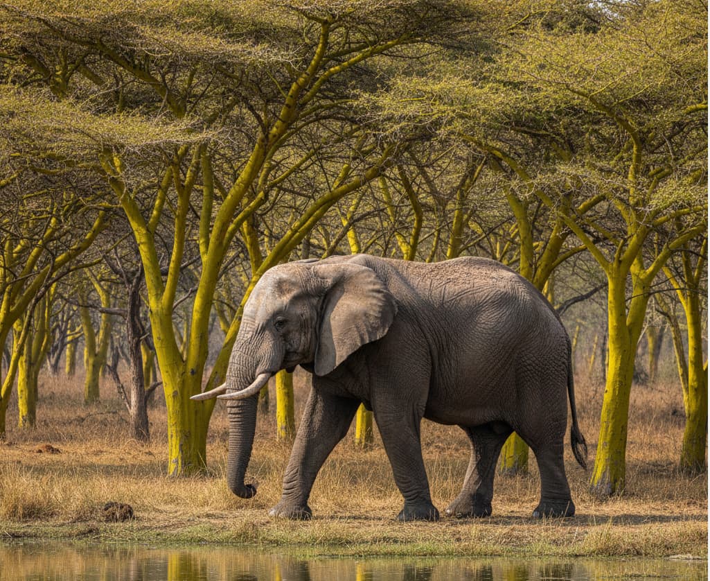 An African elephant navigating the iconic yellow-barked fever tree forests of Lake Nakuru National Park, showcasing the diverse landscapes of a Rift Valley safari.
