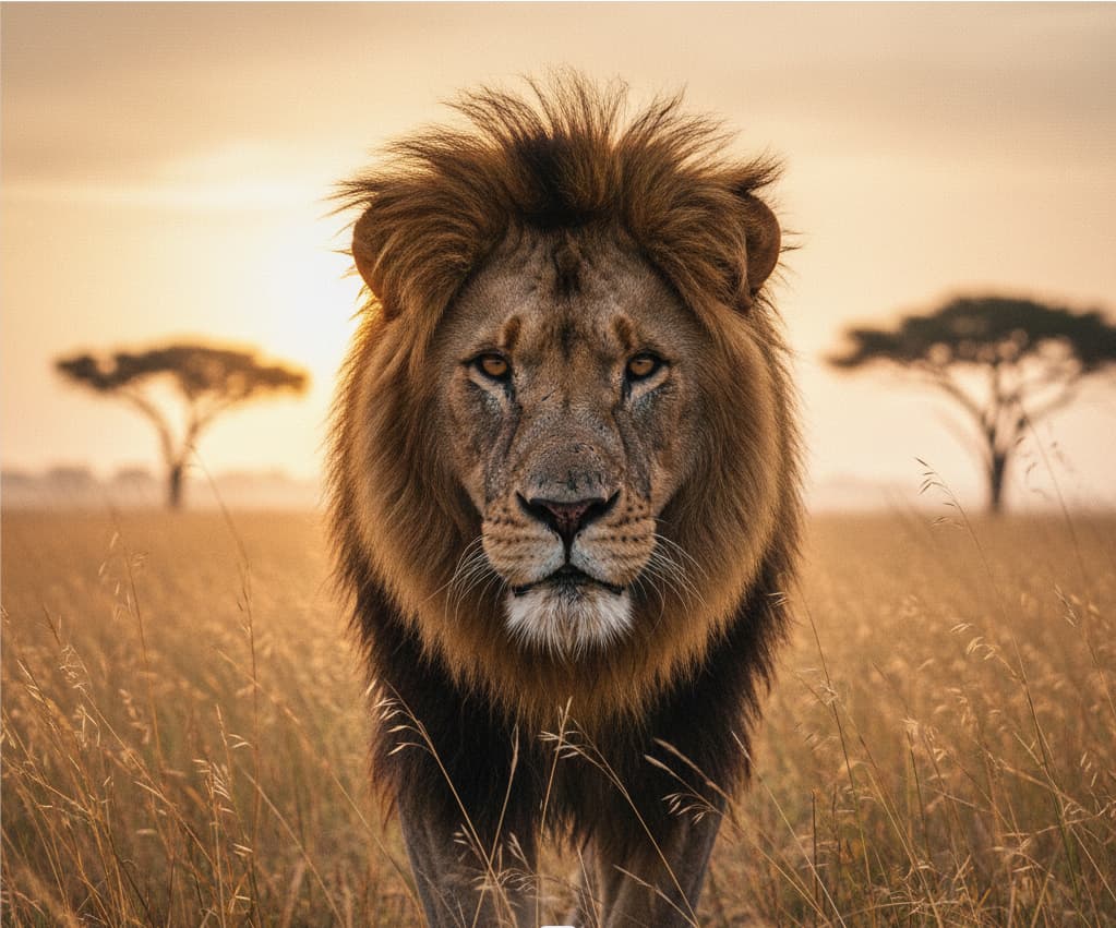 A close-up portrait of a male lion in the golden grass of Musiara Marsh, highlighting the big cat sightings and predator density that make Masai Mara a premier safari destination.