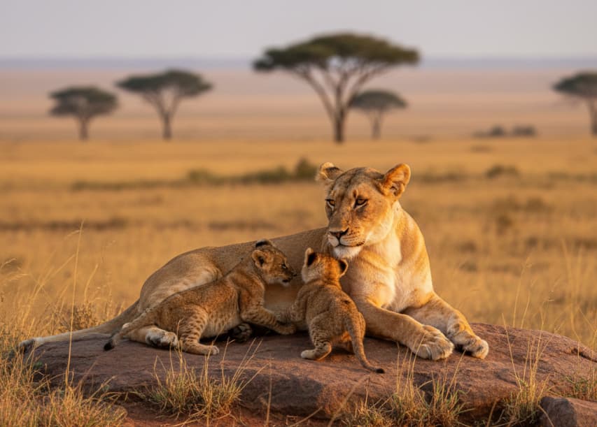 Lioness with her cubs in the Masai Mara National Reserve