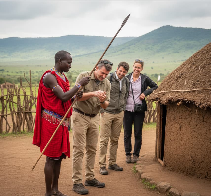 Engaging with the local Maasai community in the Ngorongoro Highlands, adding cultural depth and authentic interaction to a Tanzanian wildlife safari.