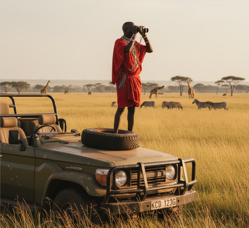 A professional Maasai guide tracking wildlife from a dusty safari vehicle in the Masai Mara National Reserve, a premier destination for Big Five sightings in Kenya.