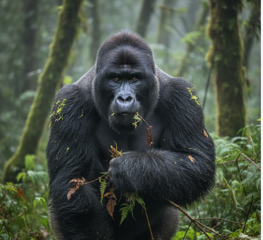A silverback mountain gorilla in Bwindi Impenetrable National Park, highlighting the authentic proximity of Uganda gorilla trekking.