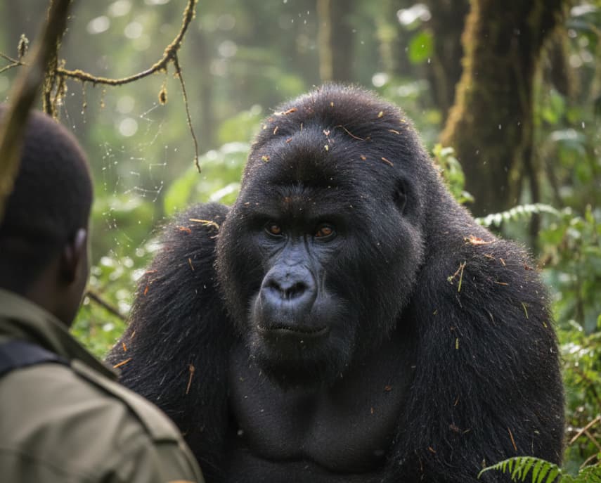 A raw, close-range encounter with a silverback mountain gorilla in the dense rainforest of Bwindi, showcasing the authentic and unpolished reality of Uganda gorilla trekking.