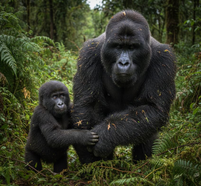 A raw and intimate encounter with a silverback mountain gorilla in the misty Bwindi Impenetrable Forest, showcasing the authentic reality of Uganda gorilla trekking.