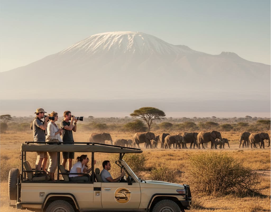 Tourists on a professional safari vehicle photographing elephants in Amboseli National Park, Kenya, with Mount Kilimanjaro in the background during Amboseli Safari