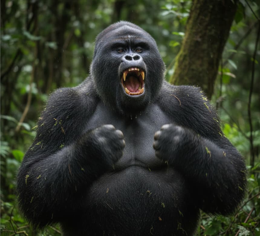 A wild silverback mountain gorilla displaying dominance in the Bwindi Impenetrable Forest, capturing the raw power and authentic behavior of Uganda's primates.