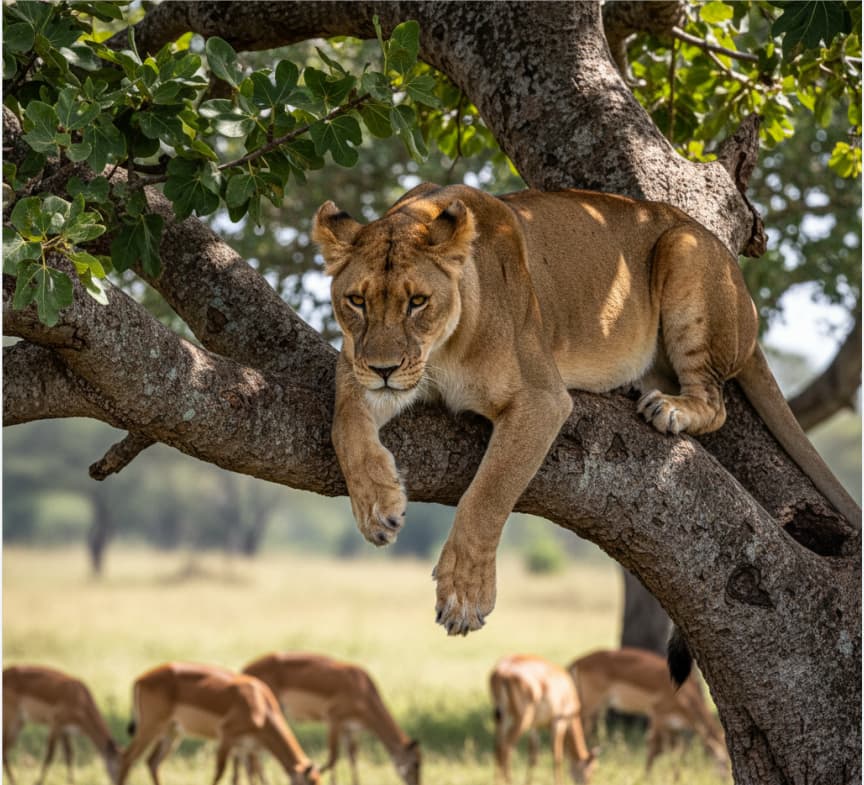 10 Days: Queen Elizabeth – Bwindi – Amboseli – Nakuru – Masai Mara Safari 5 A rare tree-climbing lioness scouting prey from a fig tree in Queen Elizabeth National Park, Uganda, a highlight for big cat enthusiasts.