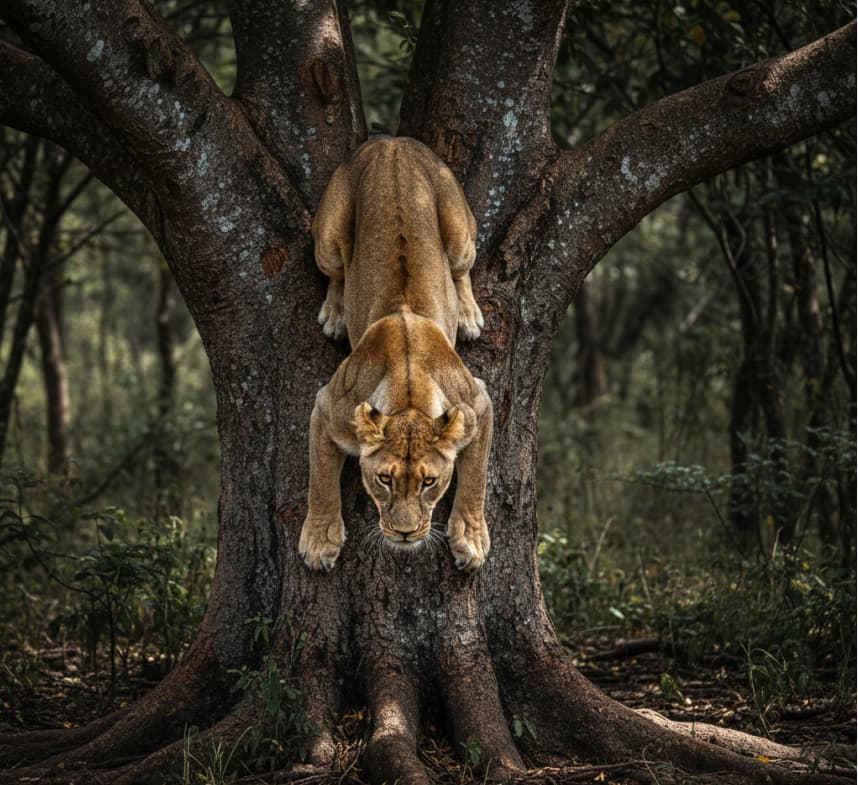 A lioness descending from a fig tree in Lake Manyara National Park, highlighting the unique arboreal behavior of lions in this Tanzanian ecosystem.
