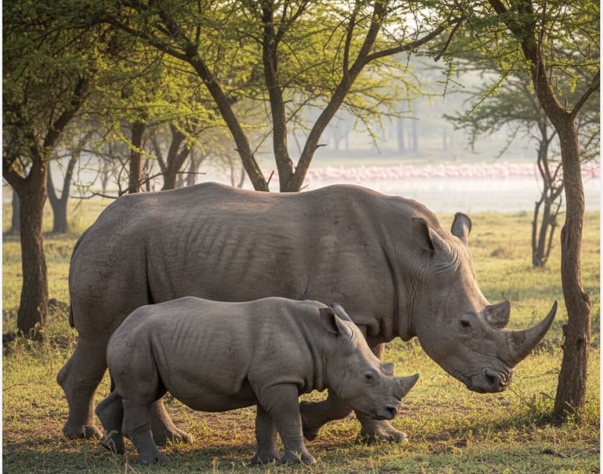 A mother and calf white rhino in the Lake Nakuru National Park sanctuary, a premier destination for rhino conservation and birdwatching in Kenya.