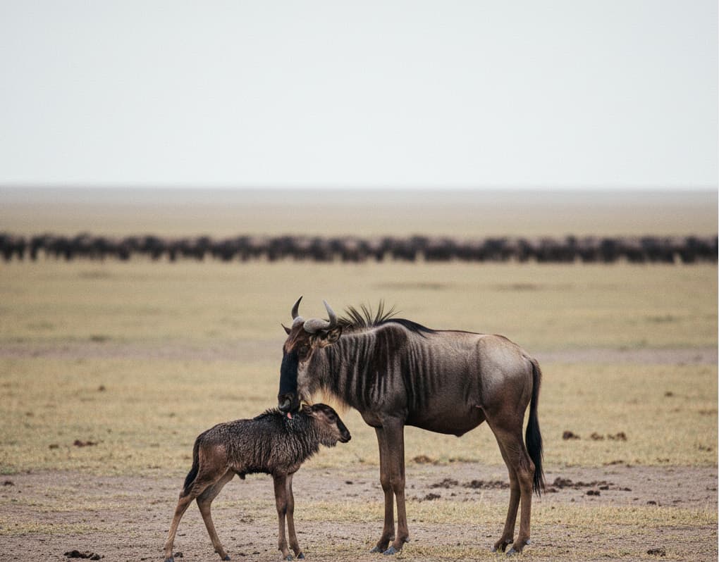 A newborn wildebeest calf on the Ndutu plains during the Serengeti calving season, capturing the beginning of the Great Migration cycle in Tanzania's southern ecosystem.