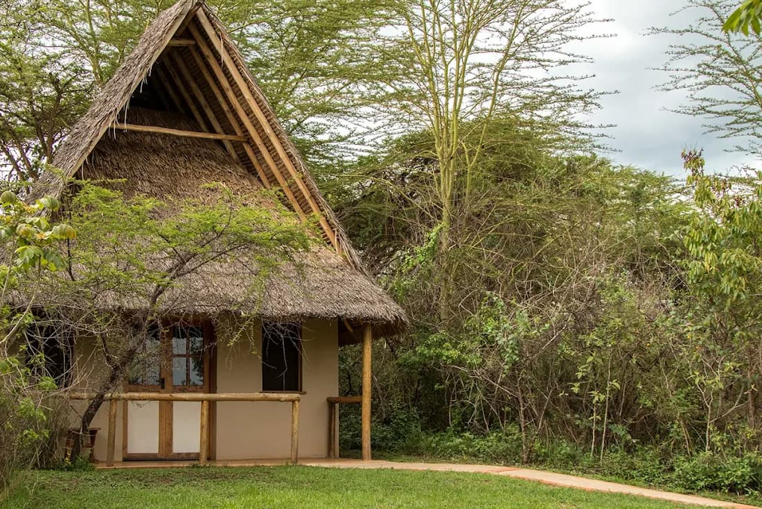 African-inspired room exterior at a lake Nakuru national park lodge