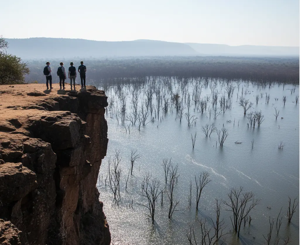 Panoramic view from Baboon Cliff showing the flooded forest of Lake Nakuru in 2026.