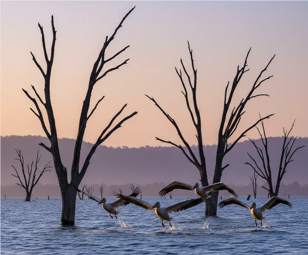 Wide-angle dawn view of Great White Pelicans flying over the submerged acacia forests in Lake Nakuru National Park during a 2026 birding safari.