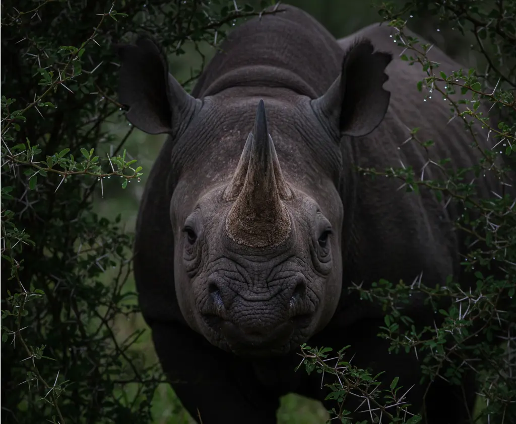 Close-up of an endangered Black Rhino in Lake Nakuru showing the distinct hooked lip used for browsing.