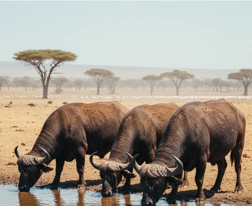 Best Time to Visit Lake Nakuru National Park: 2026 Opening Hours & Seasonal Tips 4 A small herd of dusty Cape buffaloes drinking at a waterhole in Lake Nakuru during the hot afternoon dry season.