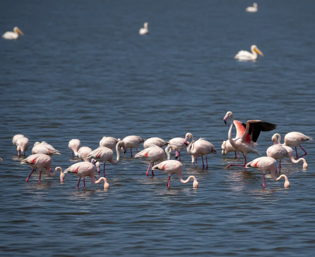 Flamingos in Lake Nakuru 2026: The Honest Insider Guide 2 Nomadic Greater Flamingos wading in the deeper waters of Lake Nakuru 2026.