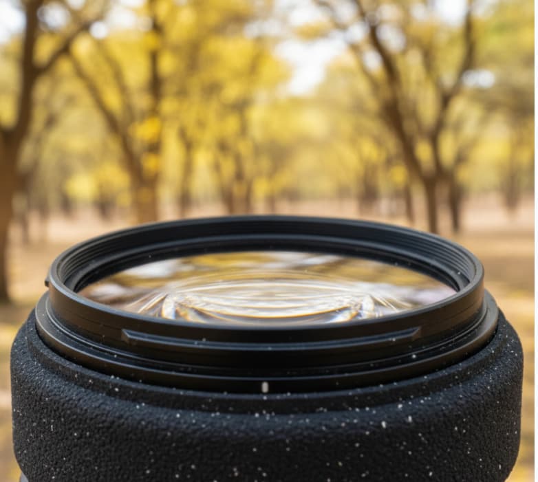 The Ultimate Lake Nakuru Safari Packing List (2026 Logistical Guide) 5 Close-up of a camera lens with a silicone sleeve and UV filter protecting it from fine alkaline safari dust.