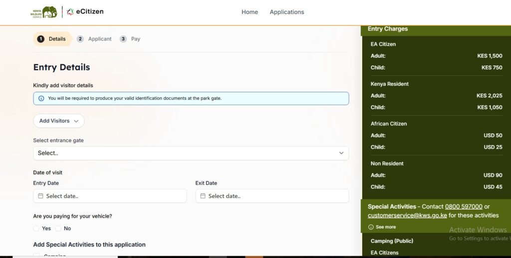 Screenshot of the eCitizen KWSPay portal showing the guest details form for Lake Nakuru National Park fees, including fields for visitor category, name, and ID number.