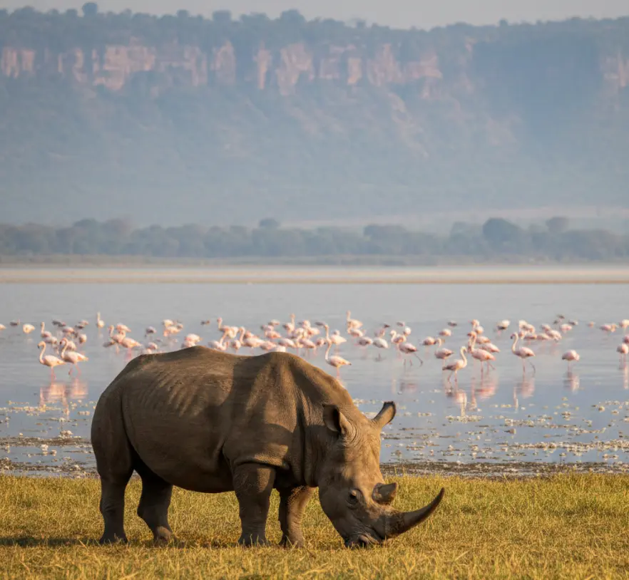 A White Rhino grazing near a cluster of Greater Flamingos at Lake Nakuru southern shore 2026.