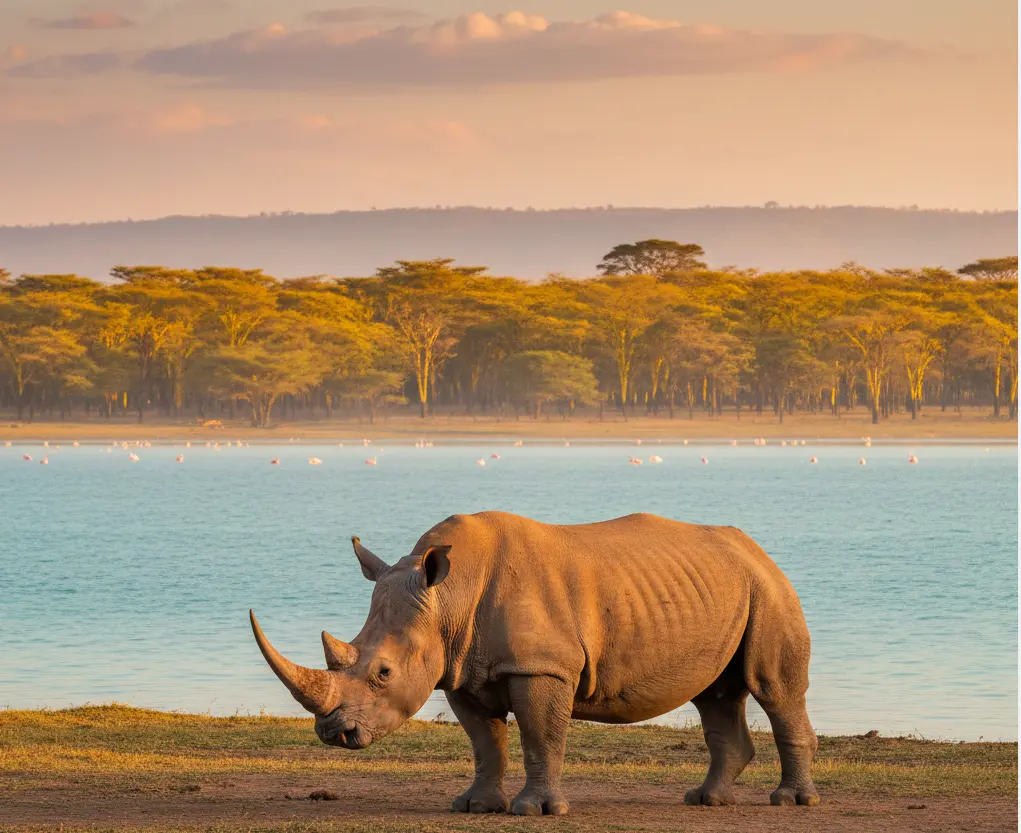 White rhino near Lake Nakuru shoreline, highlighting park security and wildlife safety.
