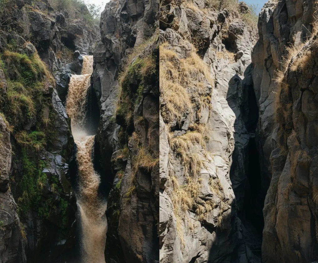 Comparison of Makalia Falls Lake Nakuru during the Kenya rainy season versus the dry season.
