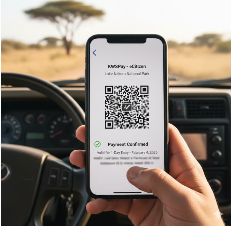 Lake Nakuru National Park Gates: Which Entrance Should You Use? (2026 Guide) 5 A smartphone screen displaying a KWSPay eCitizen QR code for entry into Lake Nakuru National Park, demonstrating which Lake Nakuru gate to use for digital verification.