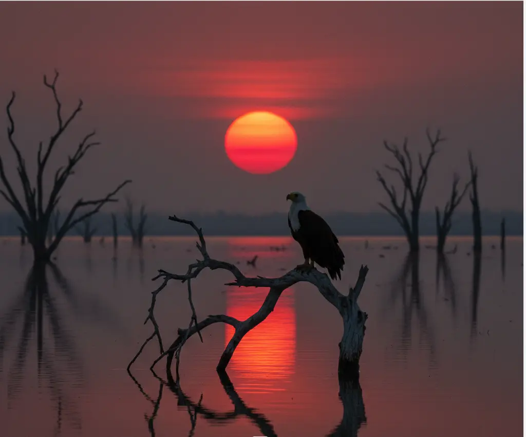 Bird Watching in Lake Nakuru National Park 2026: The 450-Species Spotter’s Map 7 Silhouette of an African Fish Eagle at sunset, symbolizing the enduring beauty of bird watching in Lake Nakuru National Park.