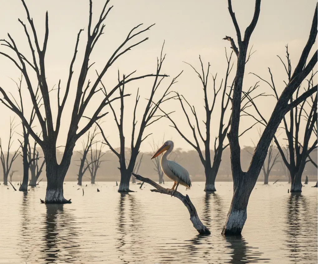 Submerged acacia trees in the Lake Nakuru Dead Forest with a pelican perched on a branch.