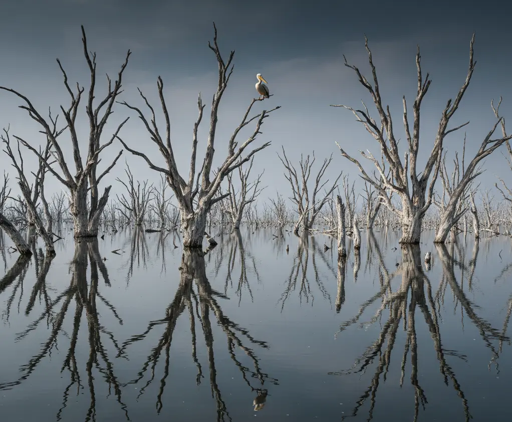 Lake Nakuru Safari Photography 2026: Why Your Old Zoom Lens is Now the "Wrong" Choice 4 Submerged acacia trees in Lake Nakuru creating a gothic landscape for safari photography.