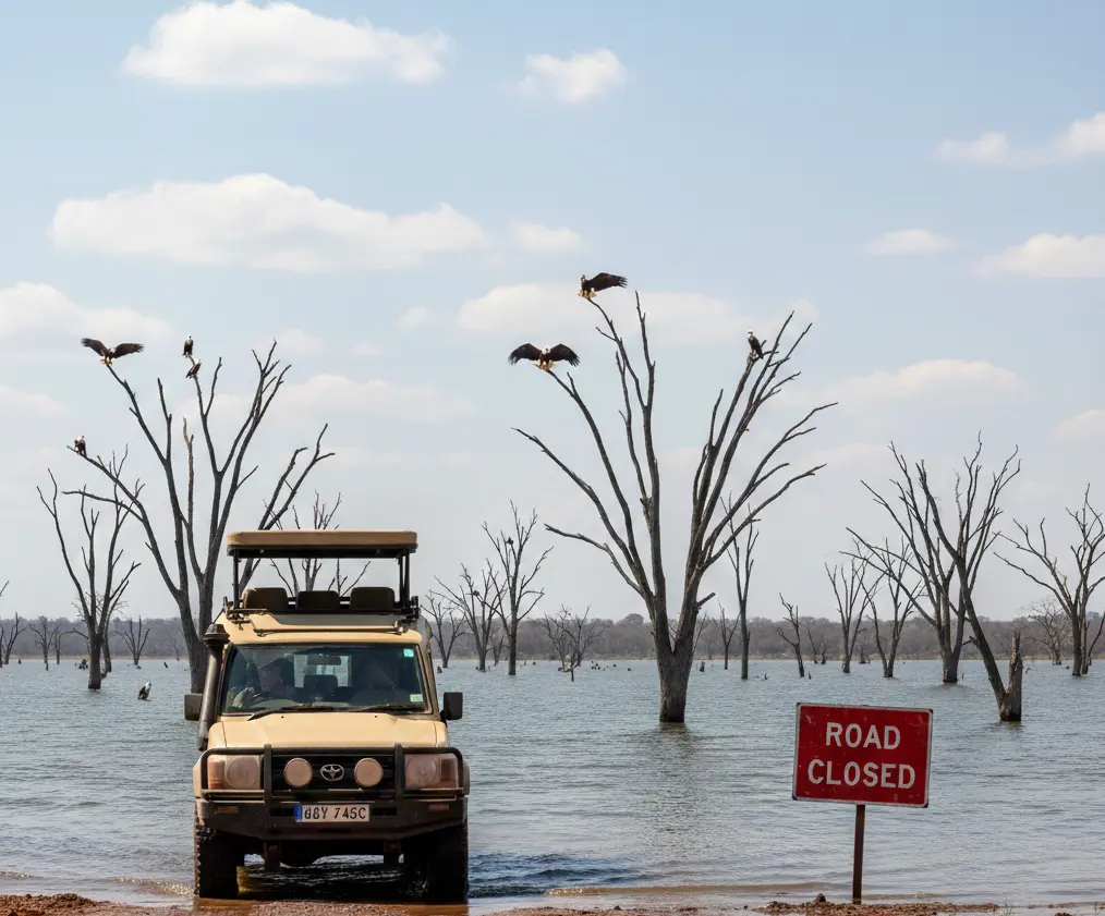 Bird Watching in Lake Nakuru National Park 2026: The 450-Species Spotter’s Map 3 A flooded safari track in Lake Nakuru National Park showing how the lake expansion has altered birding routes in 2026.