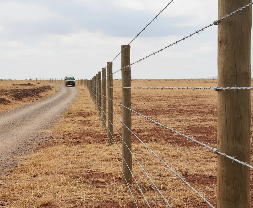 A frontline of security: A KWS ranger patrol vehicle monitoring the electrified perimeter fence during 2026 to ensure total protection for the park's rhino sanctuary.