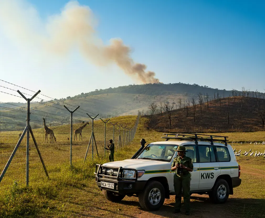 KWS ranger patrol vehicle and secure perimeter fence at Lake Nakuru National Park in 2026.
