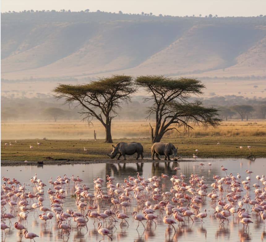 Flamingos gathered along the shores of Lake Nakuru National Park in Kenya, with white rhinos grazing near the lake and Rift Valley hills in the background.