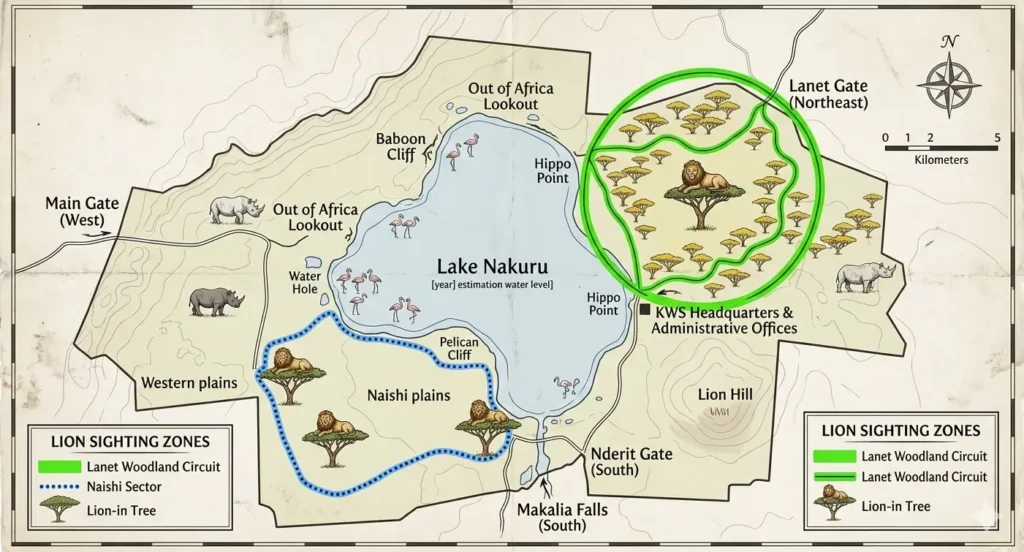 Tree-Climbing Lions of Lake Nakuru 2026: The "Wet-Paw" Operator's Guide 4 A map of Lake Nakuru National Park highlighting the Lanet and Naishi lion sighting zones for 2026