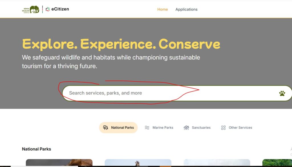 Screenshot of the KWS section on eCitizen showing how to select Lake Nakuru National Park fees.