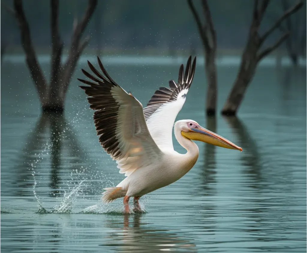 A Great White Pelican skimming the expanded shoreline of Lake Nakuru National Park.