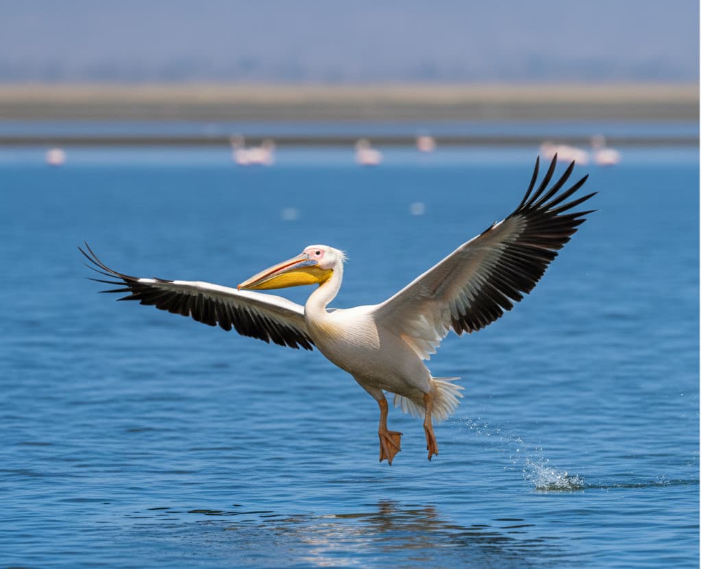 Great White Pelican flying over Lake Nakuru, showcasing the park's evolving bird species.