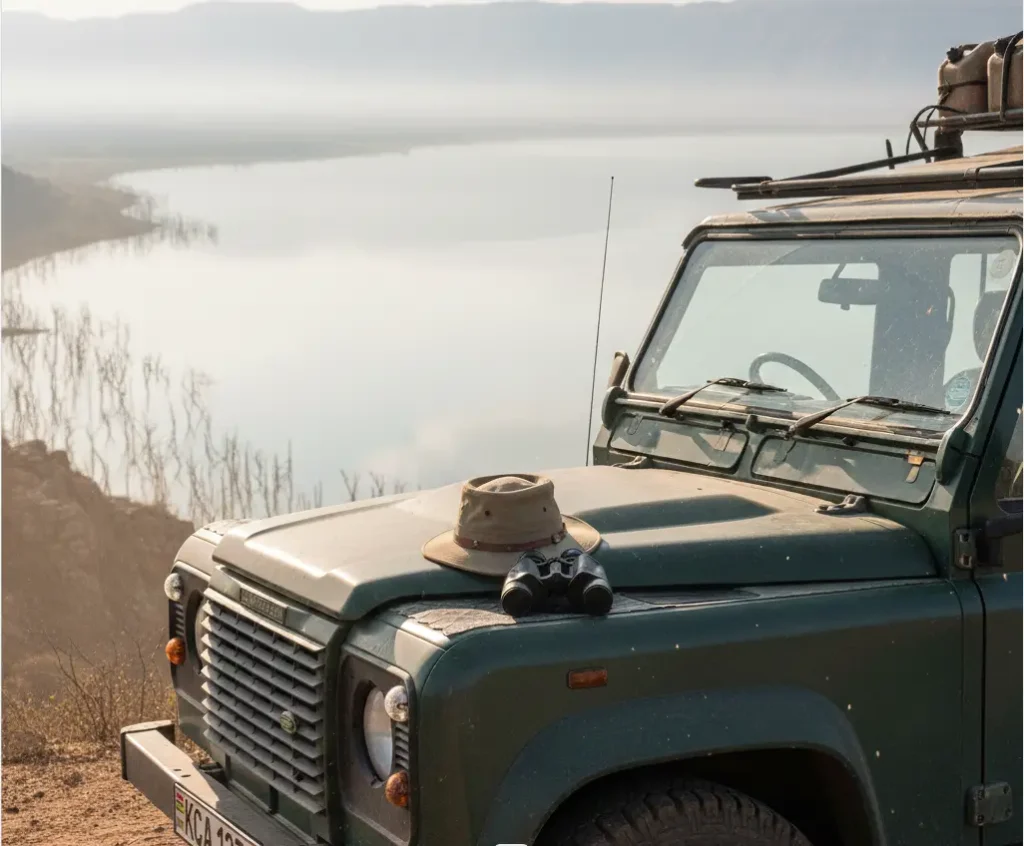 Safari vehicle at a photography spot overlooking the flooded Lake Nakuru in 2026.