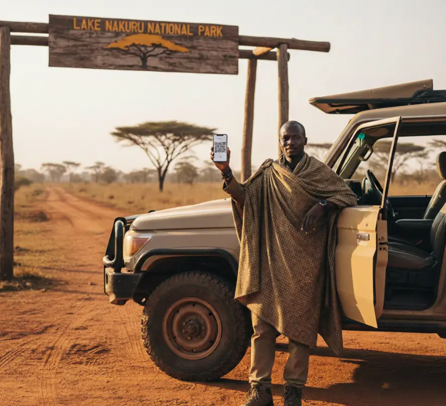 Traveler at Lake Nakuru gate holding an eCitizen QR code and wearing a neutral Maasai Shuka.